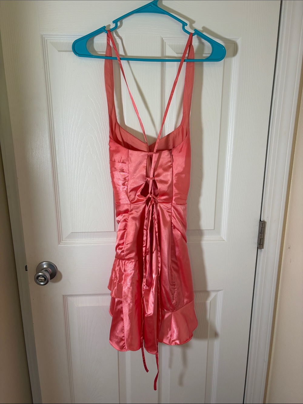 Coral satin-like dress size small lace up back